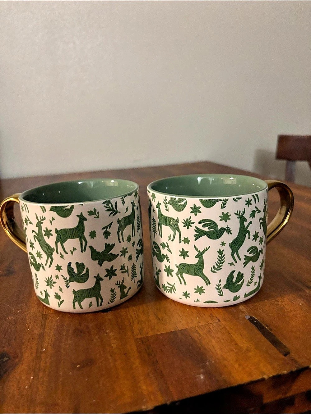 New No Tags Place &Time  Mug Set of 2 Green & White Mugs Gold Tone Handle 16oz.